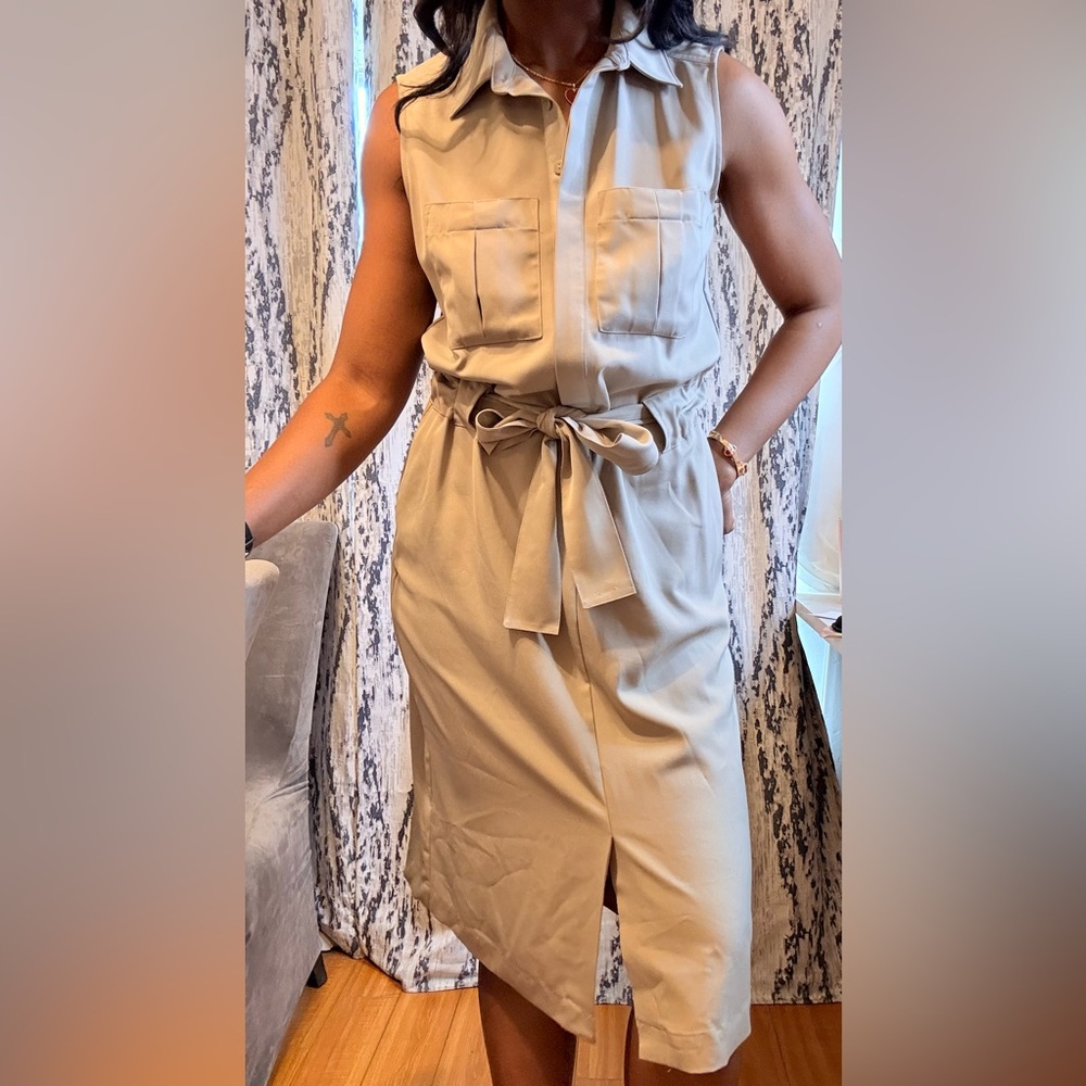 Sleeveless Beige Belted Dress - Picture 6 of 6